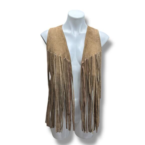Vtg Suede Fringe Vest Sz S/M Leather Tan Brown Boho Hippie Festival 60s 70s - Picture 1 of 16